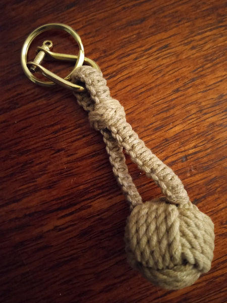 Monkeys Fist Keyring with Solomons Bar Knot and Turks Head. Solid brass hardware.