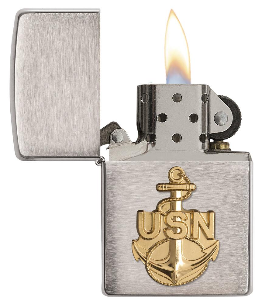 Zippo Lighter: Chrome with Brass USN Anchor Emblem