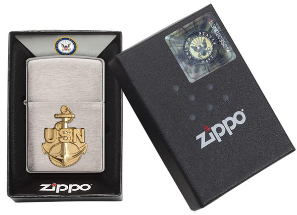 US Navy Anchor - Brass Emblem on Zippo Lighter Gift Box
