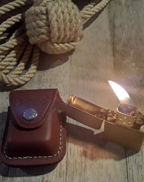 Brass Zippo Lighter with Leather Sheath